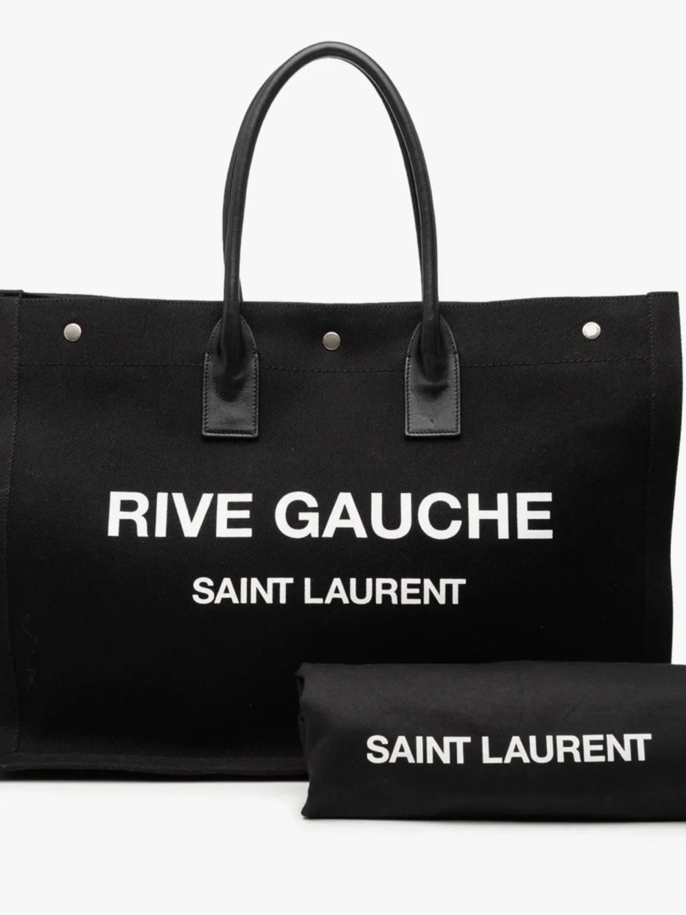 Saint Laurent Black Rive Gauche Canvas Tote with White Logo